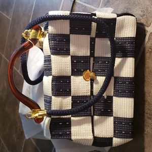 NWOT VINTAGE CARABELLA BLUE AND WOVEN HANDBAG WITH GOLD SPARKLE.